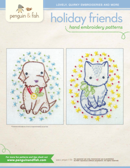 Holiday Friends puppy and kitty hand embroidery pattern